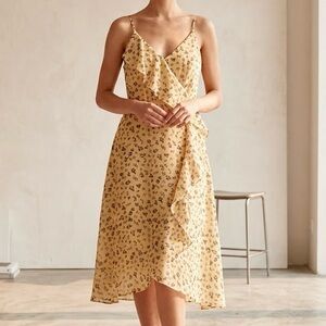 Women’s Yellow Floral Midi Dress - Lightweight Ruffle Wrap
